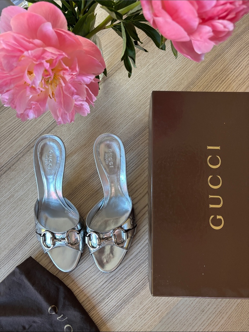 Gucci Silver Metallic Horsebit Mule Slides - Women's